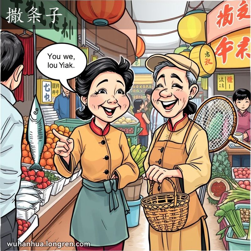 一位中年妇女在武汉市场的鱼摊前，手持小篮子，指着一条新鲜的鱼，与摊主交谈，背景是热闹的市场