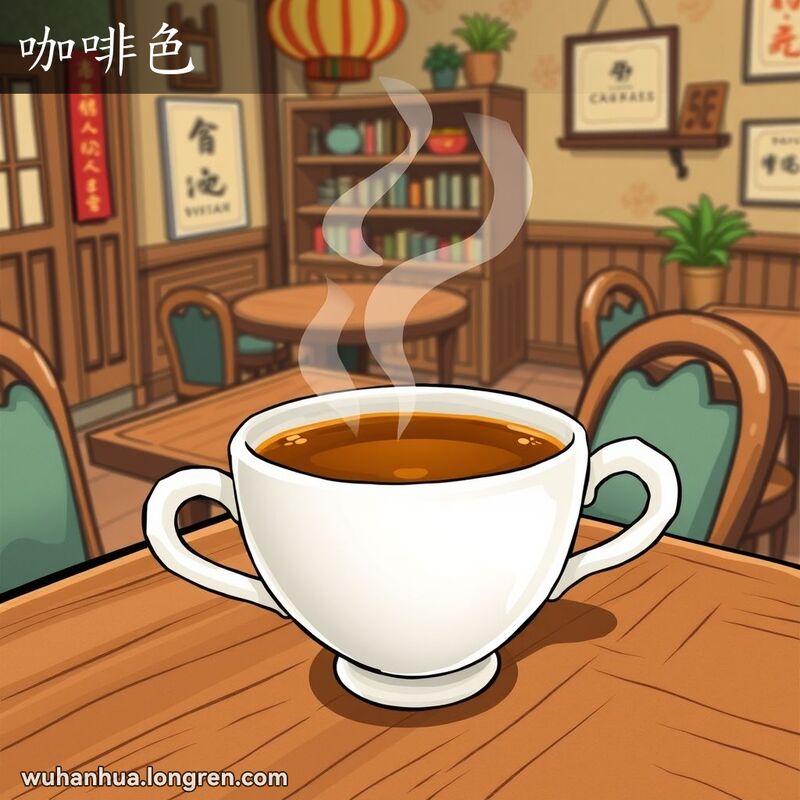 一杯深棕色的咖啡放在木质桌子上，背景是温馨的咖啡馆