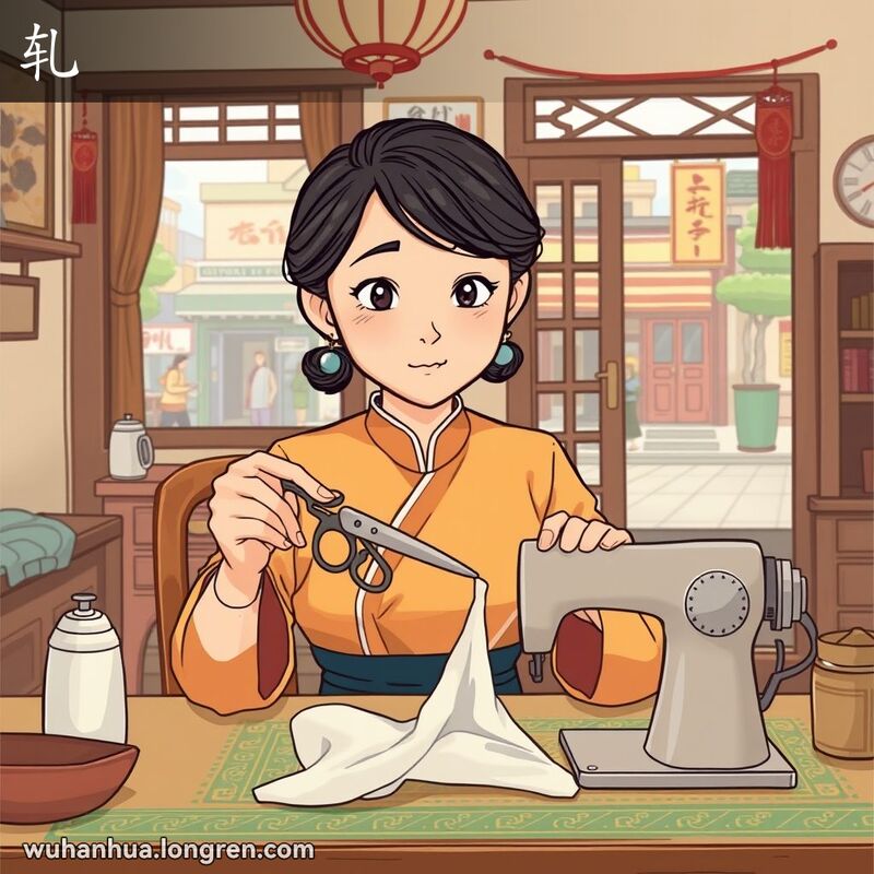 一位武汉妇女坐在缝纫桌前，手持剪刀准备剪布料，背景是温馨的房间和武汉街景