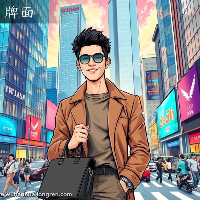 一位时尚的武汉年轻人自信地站在现代城市景观前，展示了他的外表和风度，背景是繁华的城市景象