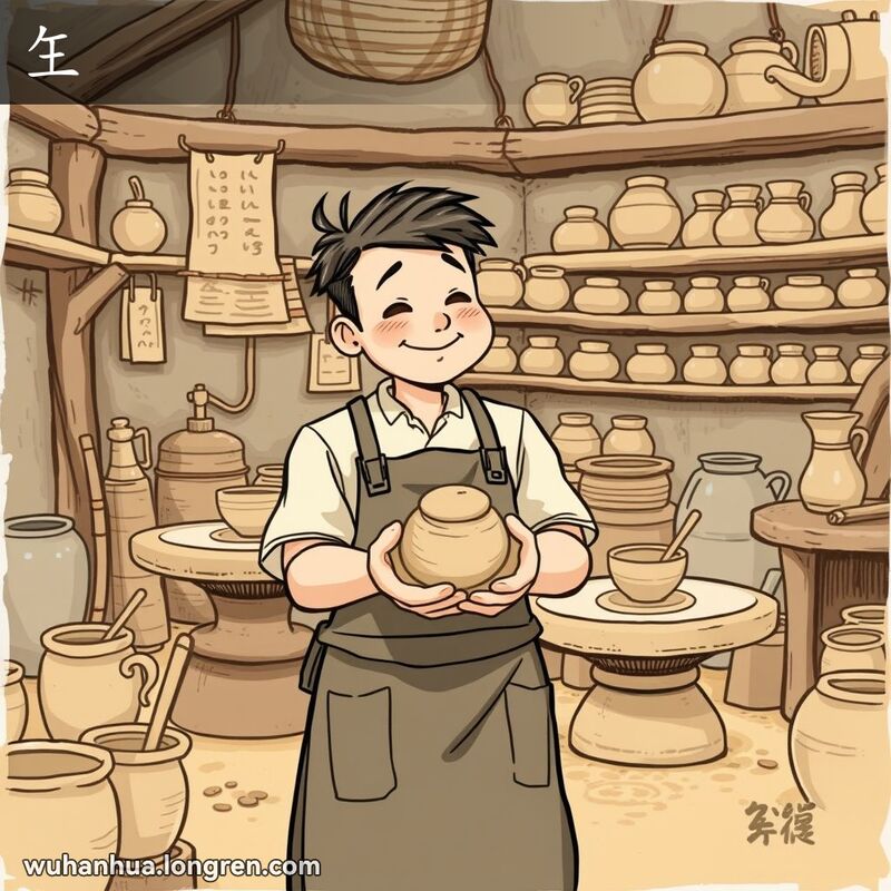 一位武汉陶艺师在工作坊中手持陶土，背景有陶轮和未完成的陶罐