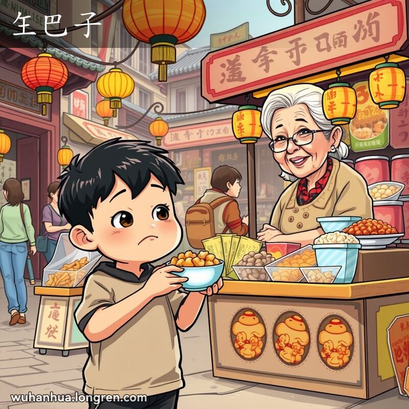 一个小男孩站在武汉小吃摊前，手里拿着半碗小吃，露出失望的表情，背景是热闹的武汉老街景