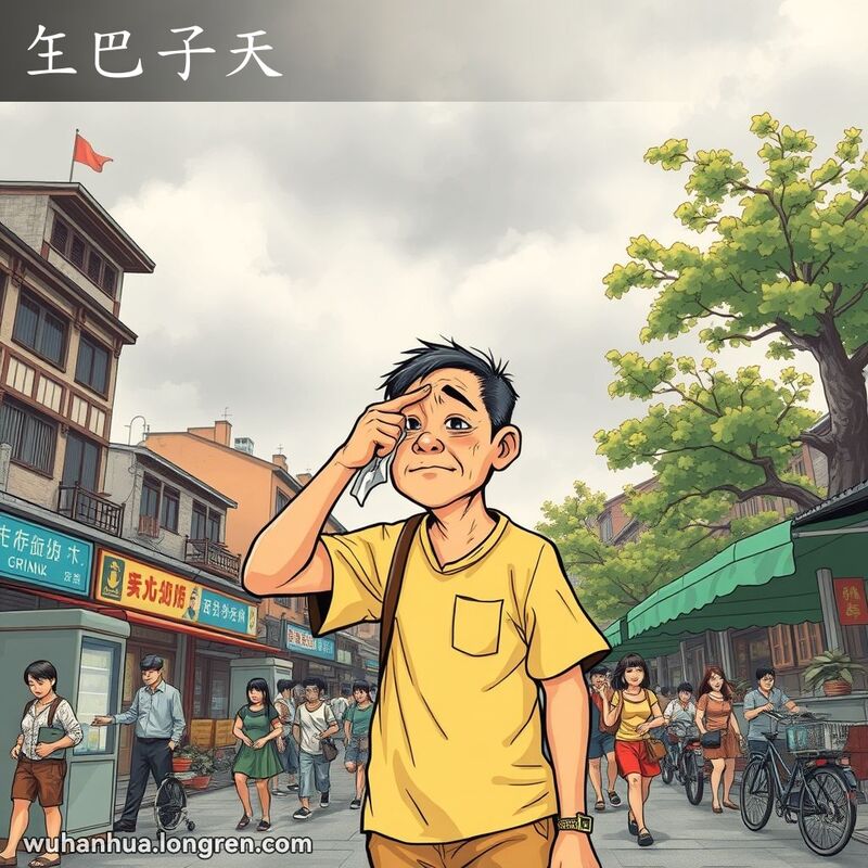 闷热的武汉夏日，居民擦汗，背景有老建筑和小贩