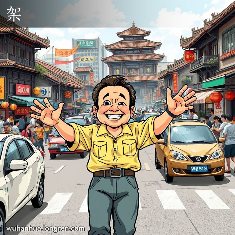 一位武汉市民在街头指挥交通，展现“架”的意思，背景是武汉老街景