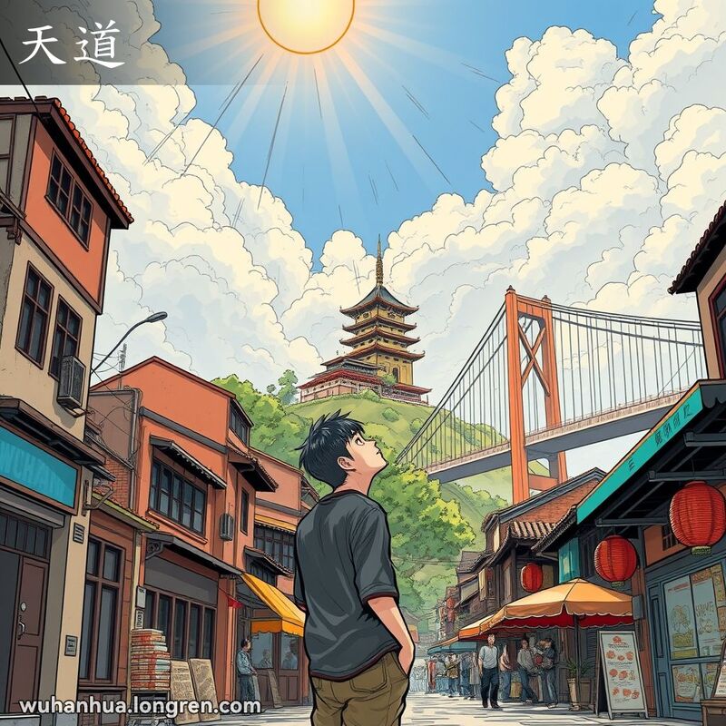 一位武汉市民站在街道上仰望天空，天空中展示了多种天气现象，背景是武汉地标性建筑。
