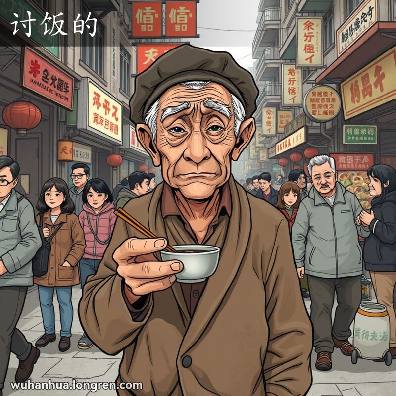 一位衣衫褴褛的老人站在武汉街头，手持小碗和筷子，脸上带着谦卑和悲伤的表情，背景是武汉老街景。