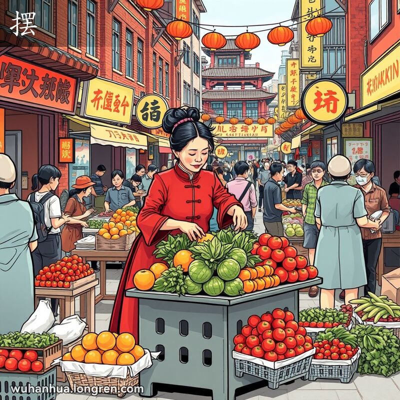 武汉街头市场，一位中年妇女在小摊上整齐摆放水果和蔬菜，背景是忙碌的摊贩和老街景。