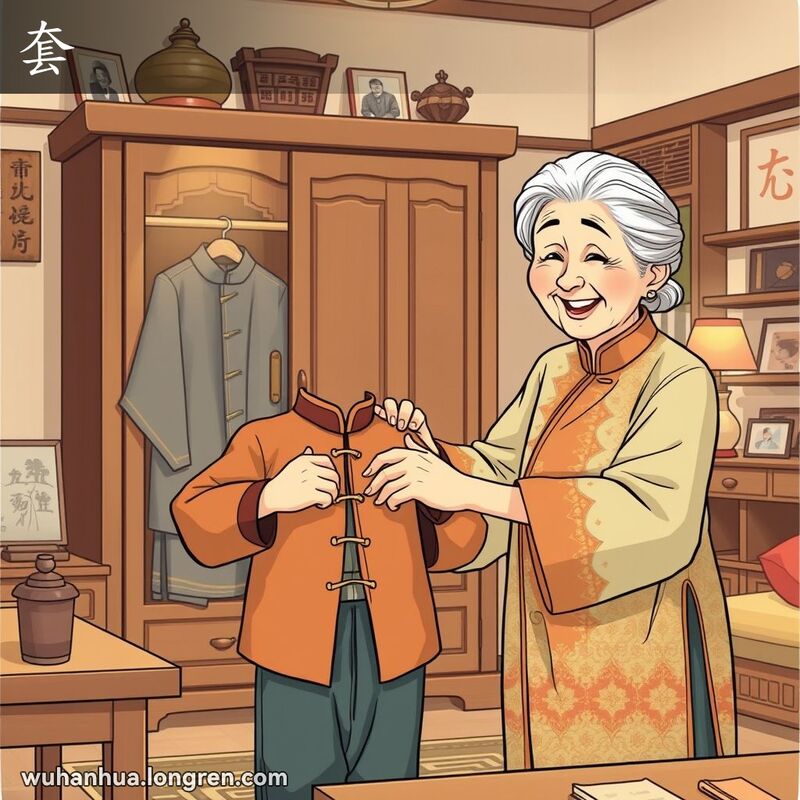 奶奶在家中帮孙子套上一件传统中式外套，背景是温馨的家庭场景