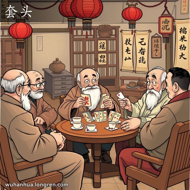一群武汉老人在茶馆里打牌聊天，一位老人手持扑克牌，分享他的‘套头’。背景是传统中国装饰。