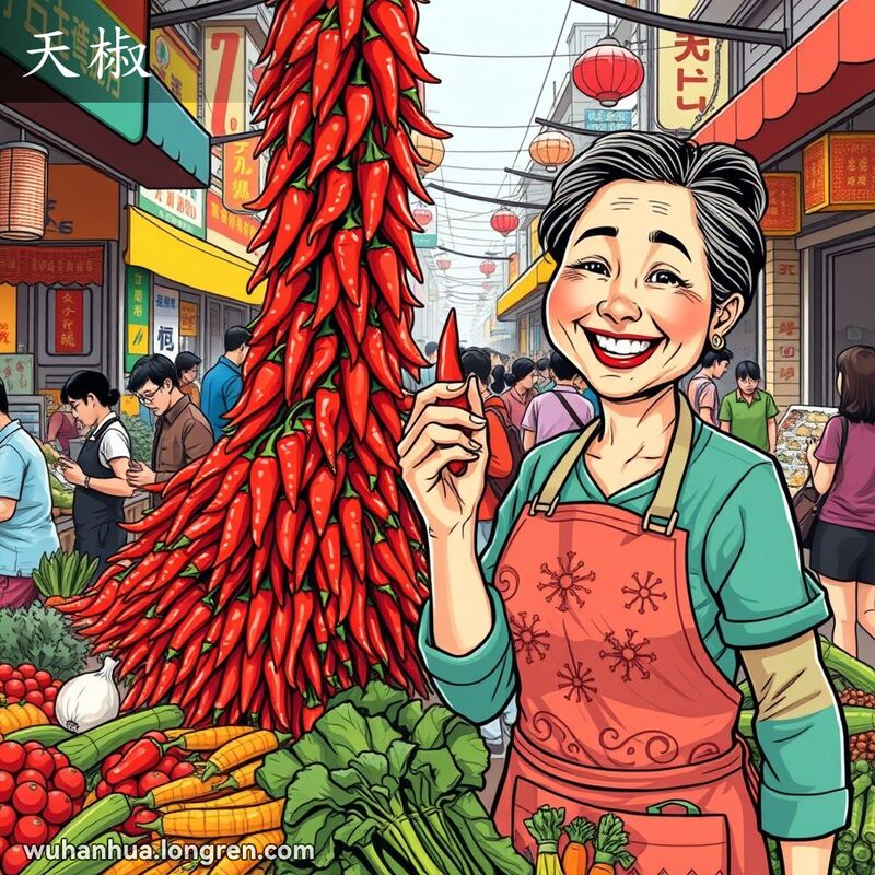 武汉街头市场，摊贩展示朝天生长的尖尖天椒，背景有其他摊位和忙碌的顾客