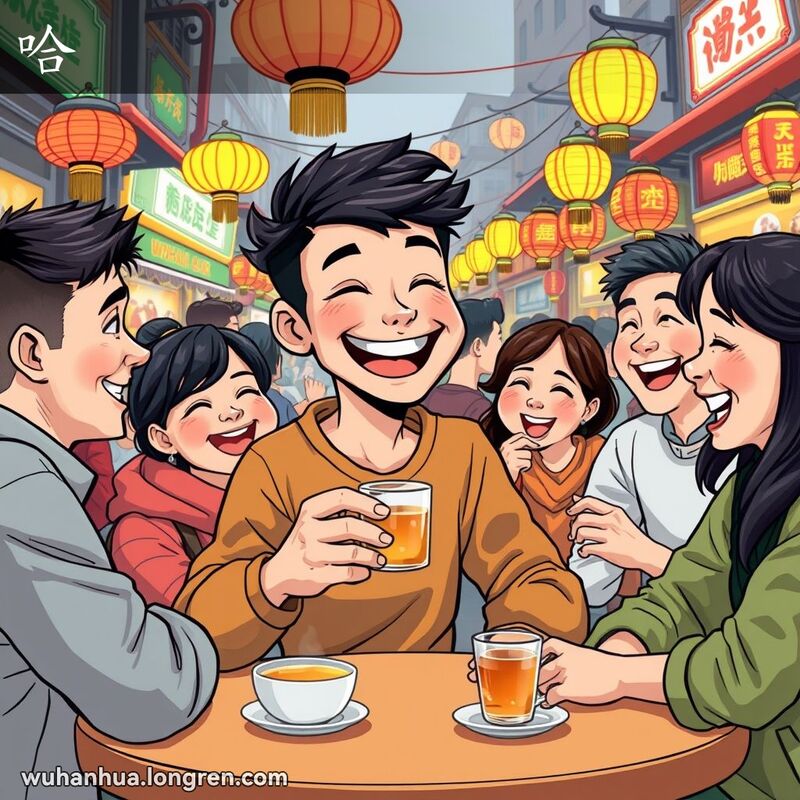 一群朋友在武汉街头市场围坐，主角手持茶杯大笑，背景是热闹的街头摊位和彩灯。