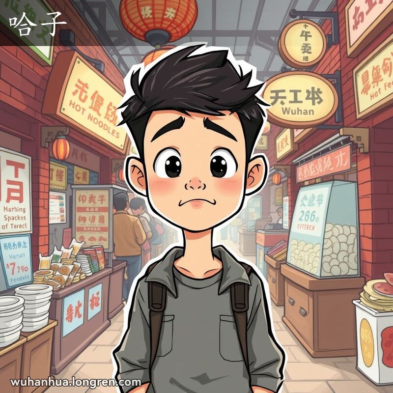 一位年轻的武汉男子站在市场中，脸上带着傻乎乎的表情，背景是热闹的武汉街头市场