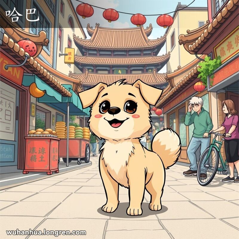 一只可爱的小狗站在武汉街头，周围有小摊贩和路人，背景是传统中国建筑。