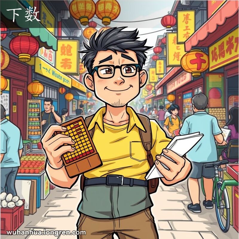 一位武汉男子在市场中手持算盘和笔记本，神情自信，背景是热闹的市场景象