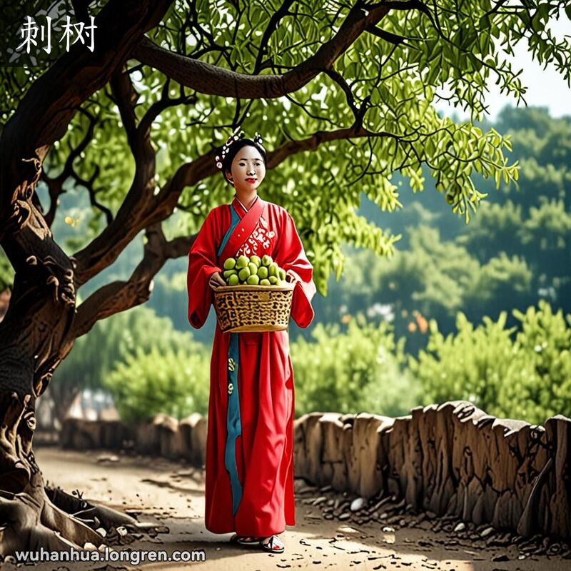 一位穿着传统服装的武汉居民在乡村田野中采摘酸枣树上的果实，背景是宁静的乡村景色。