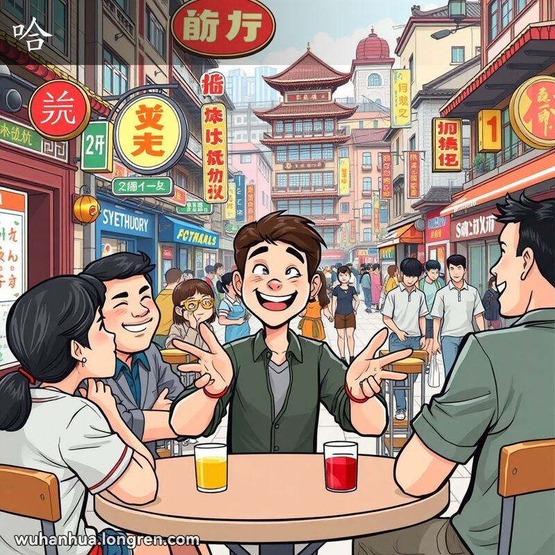 一群朋友在武汉街头咖啡馆聚会，主角用手比划，表情生动，展现“哈”的意思，背景是武汉街景