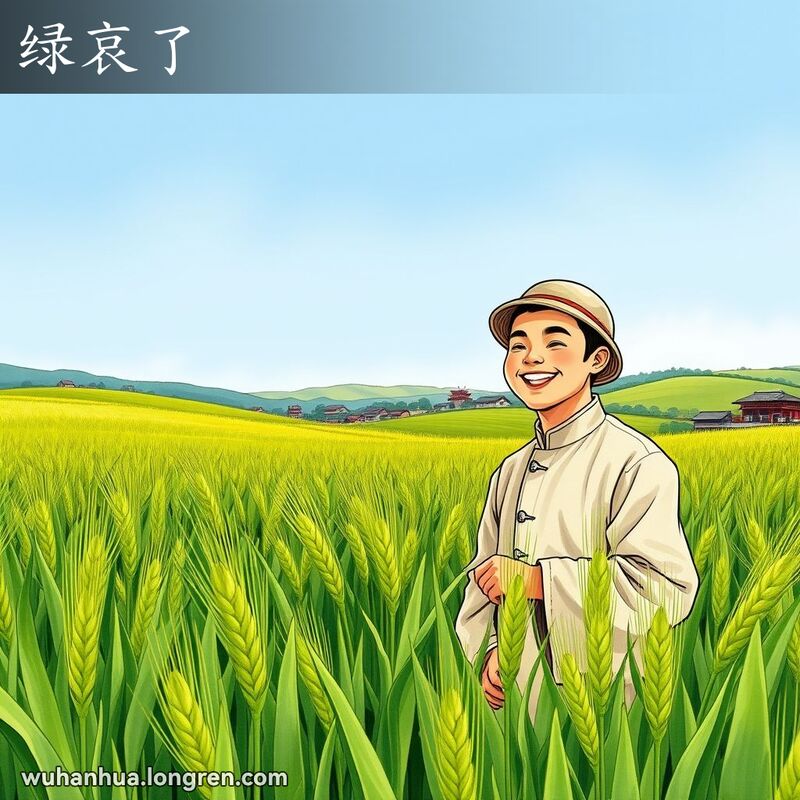 绿油油的麦田，武汉农民满意地检查麦子，背景是连绵的山丘和小村庄