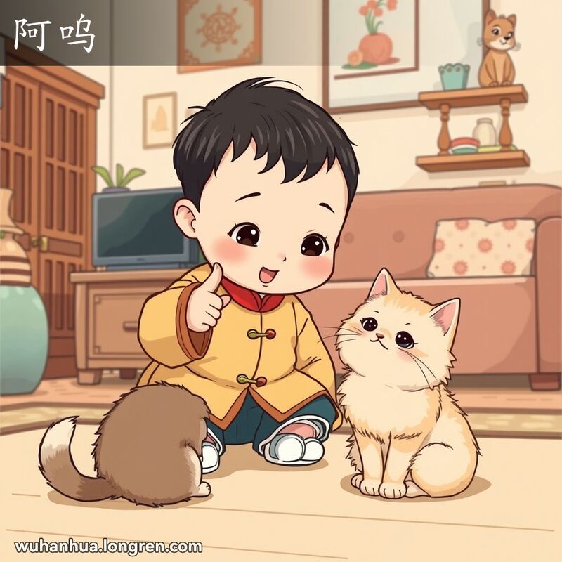 一位武汉小孩在客厅里指着一只猫咪，表情好奇而兴奋，背景是典型的武汉家庭场景