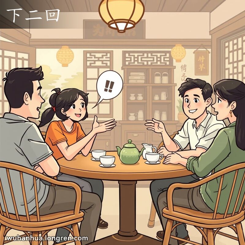 一群朋友在茶馆里聊天，其中一位朋友正在解释某事，背景是传统的中式茶具和竹椅