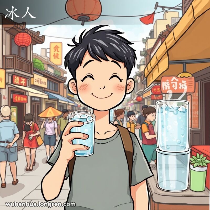 一位武汉市民站在街边摊前，手持冰水，脸上露出清凉满足的表情，背景是武汉老街景