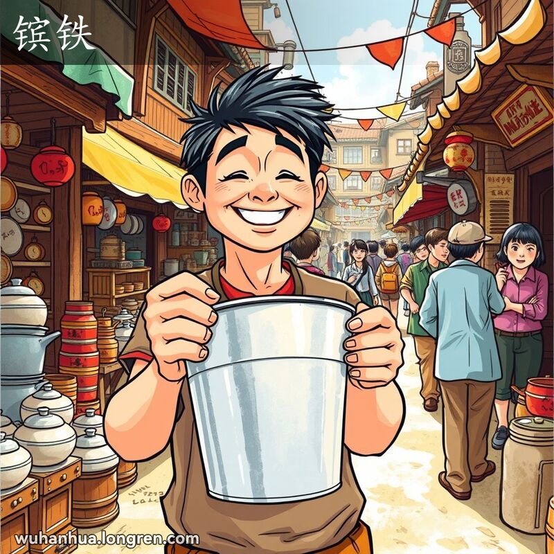 武汉街市中，小贩展示镔铁桶，背景有木质摊位和色彩鲜艳的遮阳棚