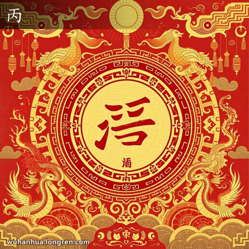 古老的中国农历，中央是“丙”字，周围有复杂图案和天干地支符号，背景有灯笼、龙和凤凰。