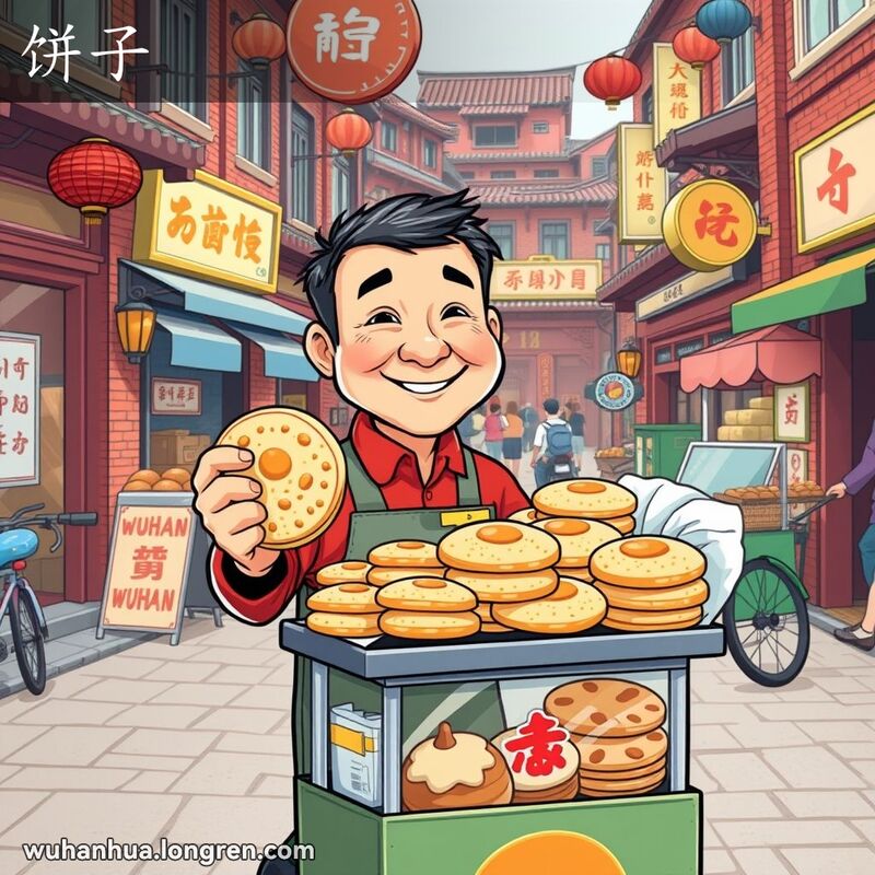 武汉街头小摊前，一位中年男子手持芝麻饼子，背景是热闹的老街景