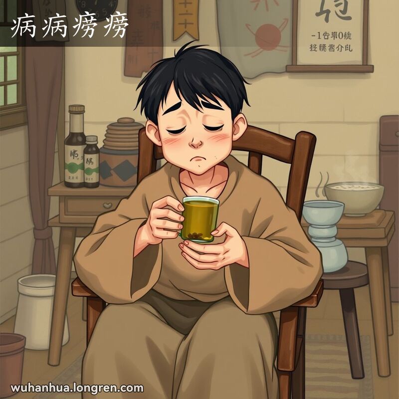 一位武汉市民坐在老式木椅上，身穿宽松的舒适衣物，面色苍白，神情疲惫，双手捧着一杯草药茶，背景是一个杂乱的老式房间，桌上摆放着药瓶和冒着热气的粥碗。