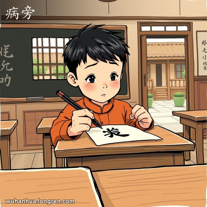 学生在传统教室中练习书写带有“病旁”的汉字，背景是中式庭院