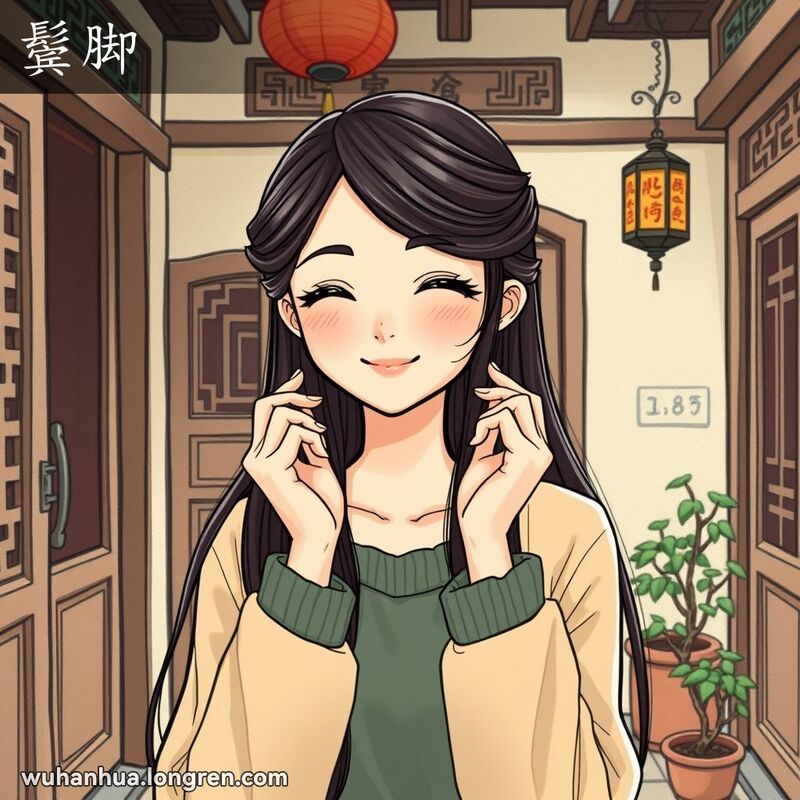 一位武汉年轻女子站在传统院子里，展示耳朵前边的头发部位，即‘鬓脚’。