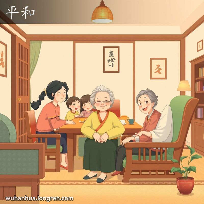 一个武汉家庭在客厅里和谐相处，祖母微笑，气氛宁静，背景有传统茶具和盆栽