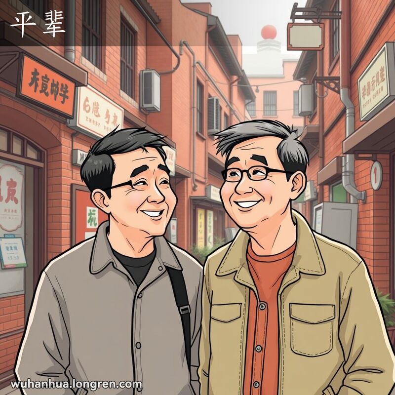 两位中年男子在武汉老街区友好对视，背景有红砖墙和小店铺，表达“平辈”的意思。