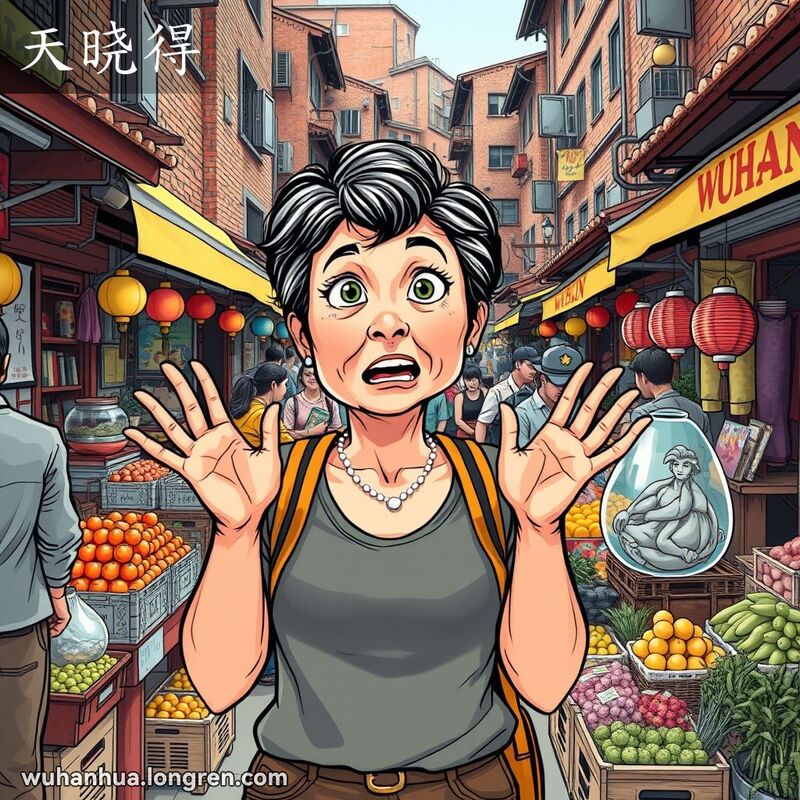 一位武汉中年妇女在市场中露出困惑和不可思议的表情，背景是热闹的市场和传统建筑