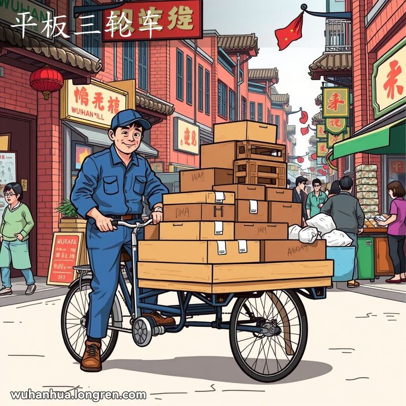 一位武汉市民推着装满货物的平板三轮车，背景是武汉老街景
