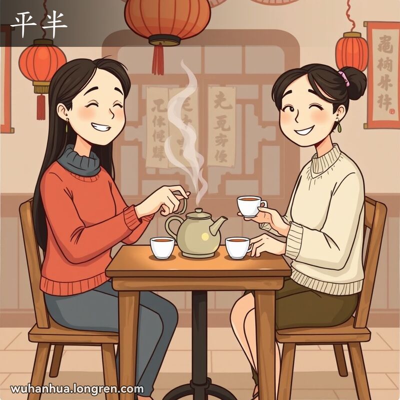 两位朋友在茶馆内均匀倒茶，背景有红灯笼和书法挂轴