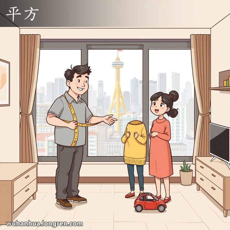 一家武汉人在新公寓里，父亲用卷尺测量房间面积，母亲满意地点头，孩子在地上玩小汽车，背景是武汉城市景观。