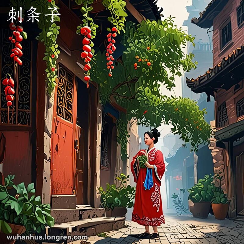 一位小女孩在武汉街头拿着带刺的酸枣树枝，背景是传统街景和绿植