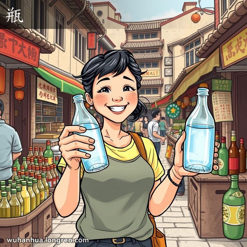一位武汉市民在街市上手持一瓶水，背景是热闹的市场和各种瓶装商品。