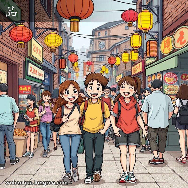 几个人并排走在武汉热闹的街市中，背景有老砖墙、小摊贩和五彩的灯笼。