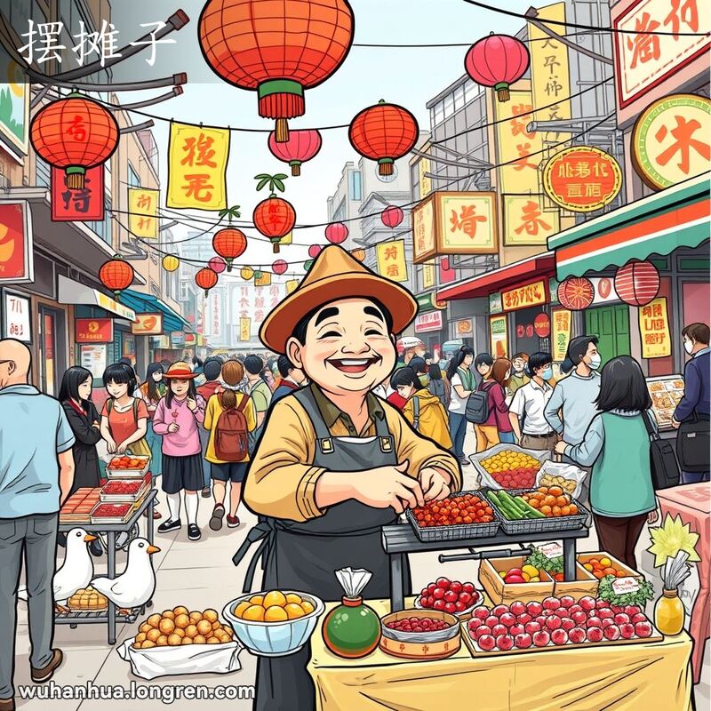 武汉街头市场，一位中年男子正在摆摊，摊位装饰着五彩横幅和招牌，背景中其他摊贩也在忙碌，顾客们开始聚集。