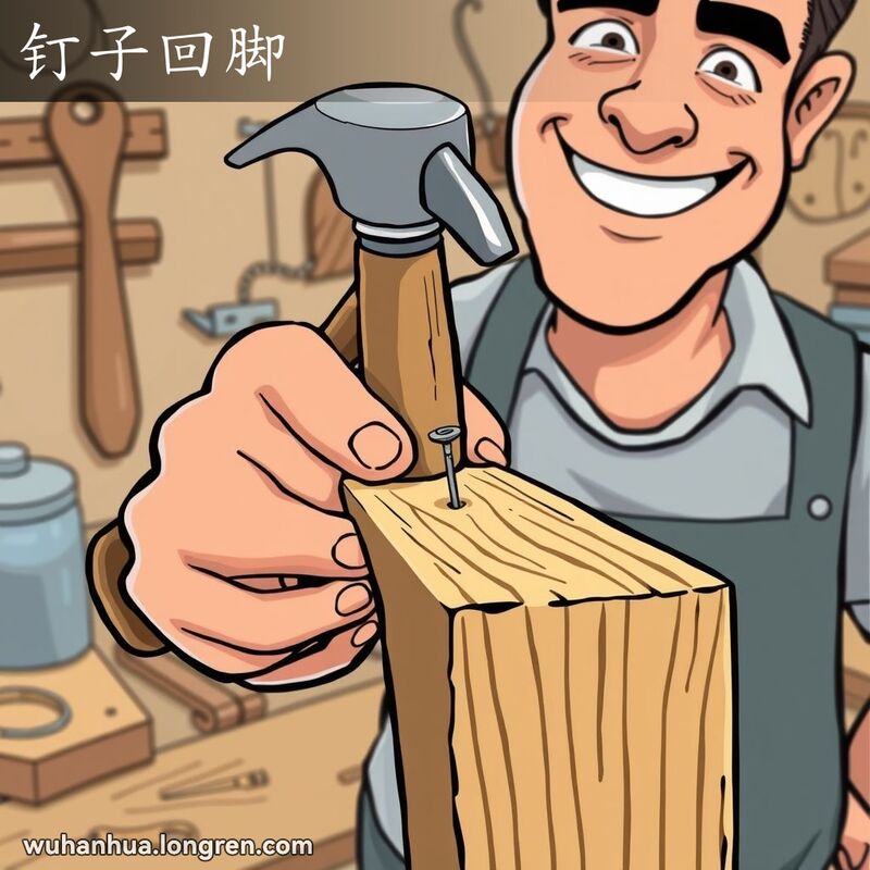 一位男子用锤子将钉子牢固地钉入木板，钉子的尖端被弯回木板内，背景是一个简单的工作坊。