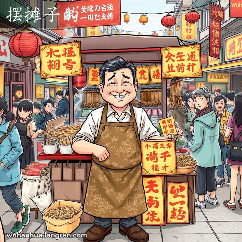 武汉街头市场中，一位友善的摊贩站在摊位后，摊位上摆满各种小吃和商品，背景是热闹的市场场景。