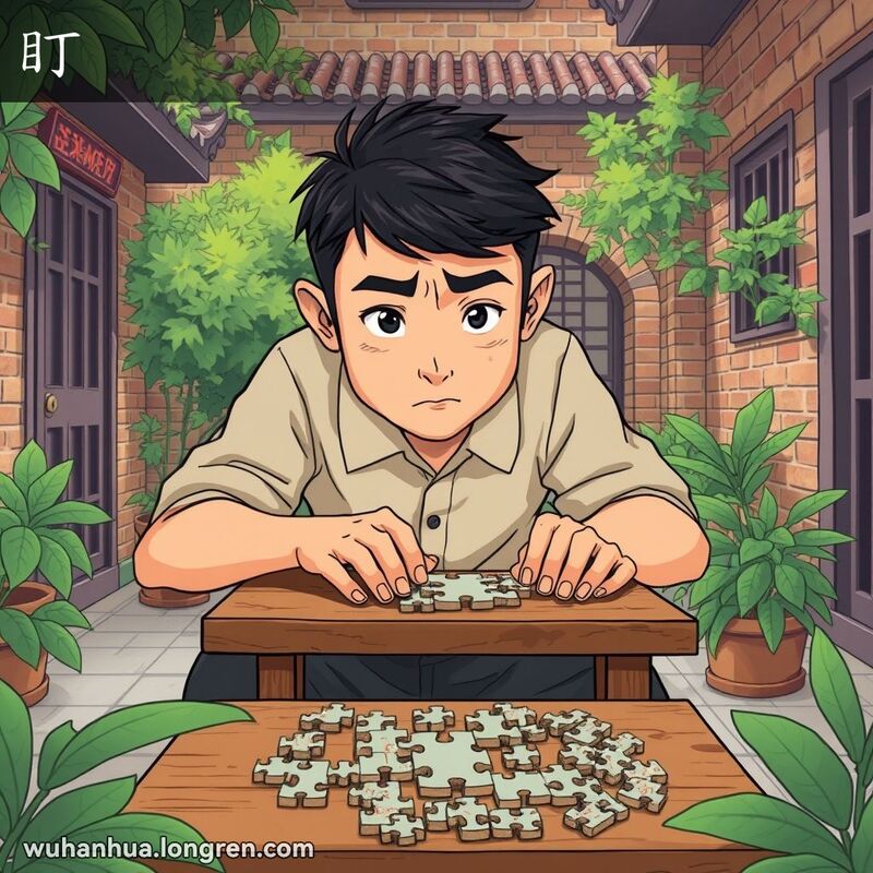 一位武汉年轻人坐在庭院小木桌旁，专注解决拼图，背景是绿意盎然的庭院和古老的砖墙