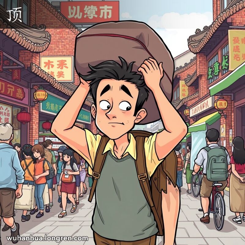 一位武汉男子用头支撑着大背包走在街上，背景是武汉老街景