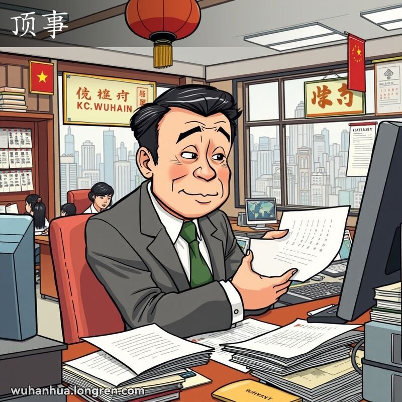 一位中年男子在忙碌的办公室中专注处理文件，背景是同事工作和武汉城市景象