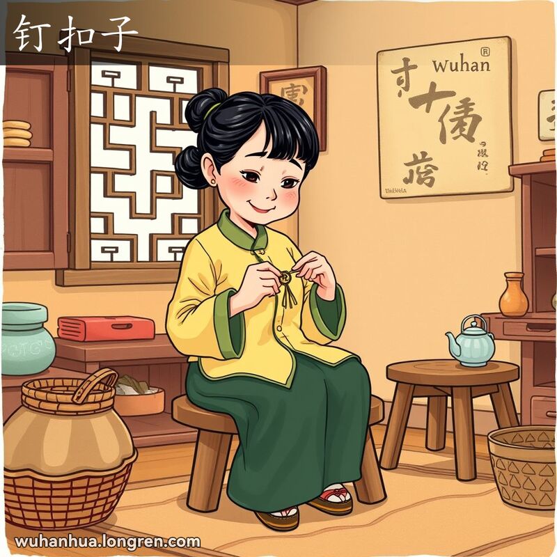 一位武汉妇女坐在老式客厅的木凳上，专注地用针线缝纽扣，背景有缝纫篮和茶几。