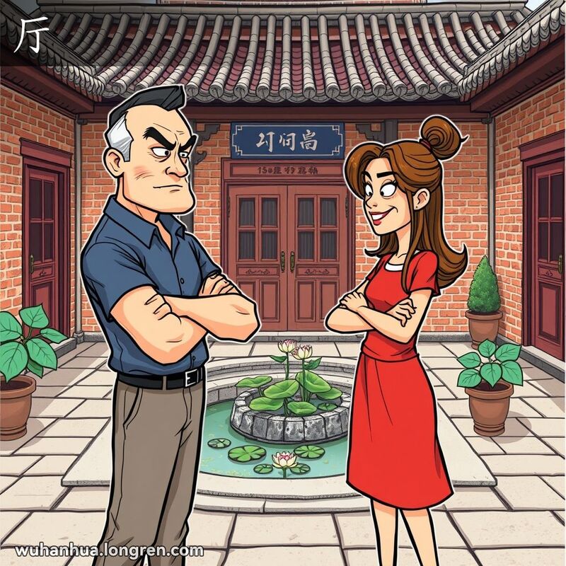 两个人在武汉老院子里对峙，表情坚定，互不相让，背景有红砖墙和荷花池