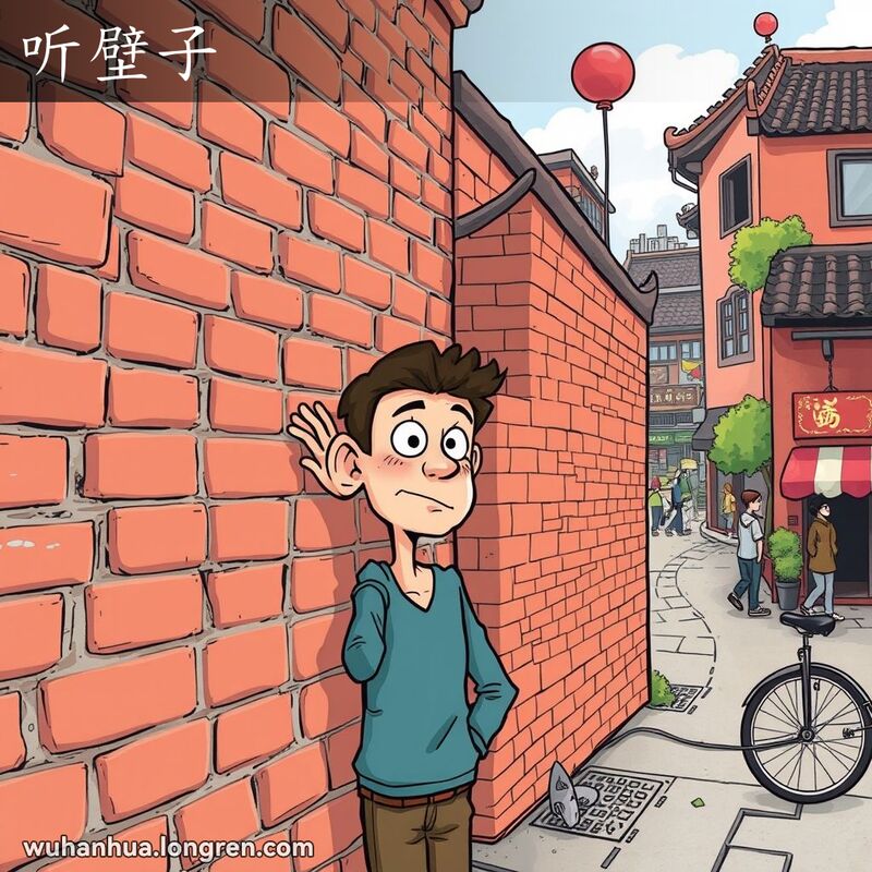 一个人站在武汉老街墙边偷听，表情狡黠，背景是热闹的街区