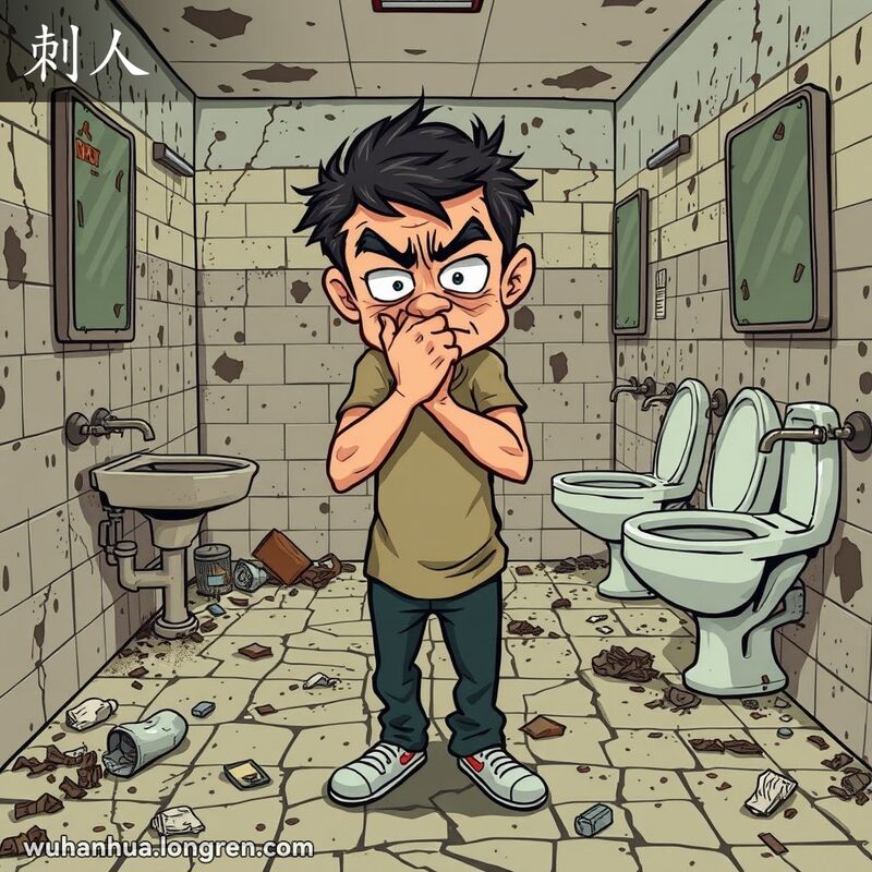 一个人在肮脏的公共厕所里，表情厌恶，反映“刺人”的感觉。
