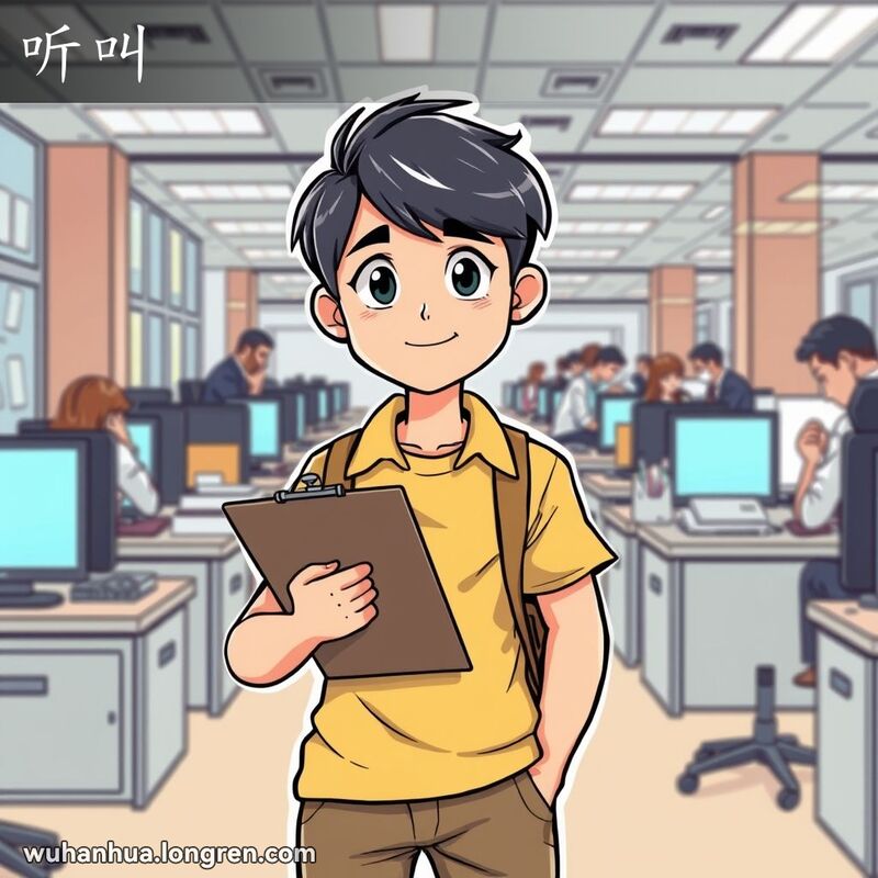 一位年轻人手持笔记本和笔，站在办公室中，表情专注，准备听从指示